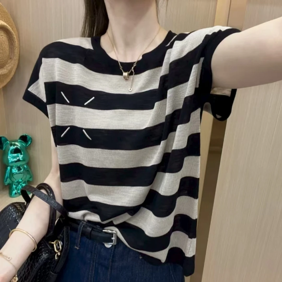条纹夏季拼接女短袖薄款毛针织衫宽松洋气圆领显瘦