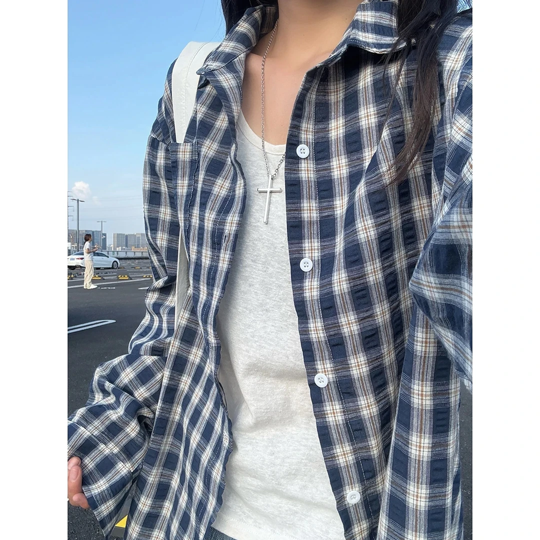 藏青色格子衬衫男女春秋慵懒风格纹衬衣外搭开衫宽松休闲外套