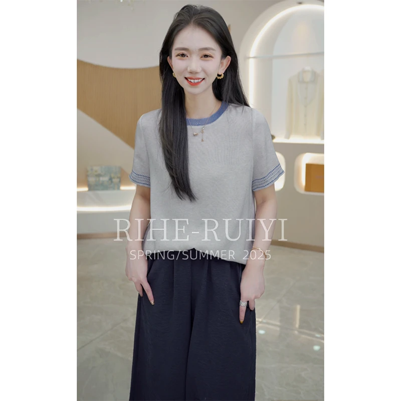 R H  【灰蓝撞色】重磅双乔桑蚕丝T恤女圆领显瘦百搭时尚休闲1907