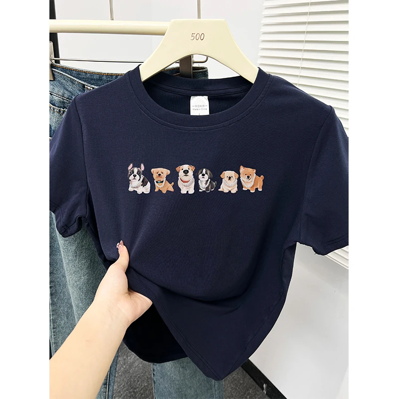 胖mm正肩大码短袖T恤女夏季新款百搭圆领小狗印花显瘦上衣ins潮