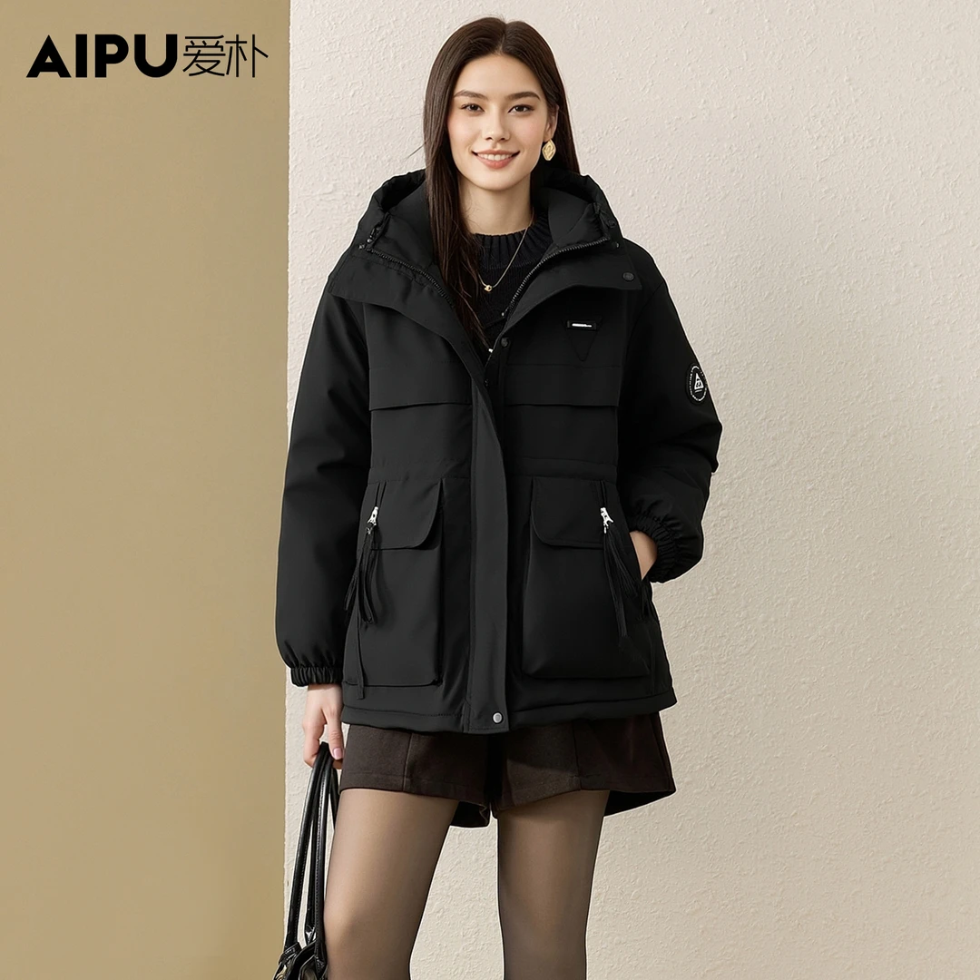 爱朴大码女装冬季新款时尚显瘦连帽宽松纯色加厚冲锋衣外套77178