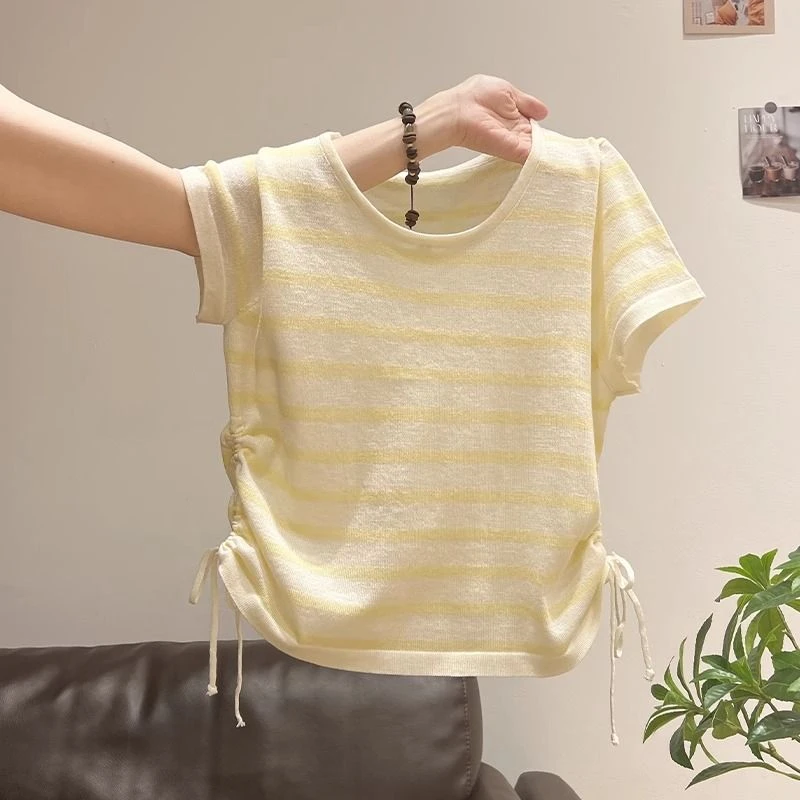 韩系甜辣妹撞色条纹抽褶收腰针织短袖T恤女2025夏日漂亮绝美上衣