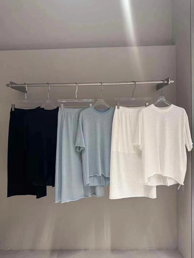 欧洲站2025夏新款松弛感麻料圆领宽松短袖T恤+半身裙休闲套装