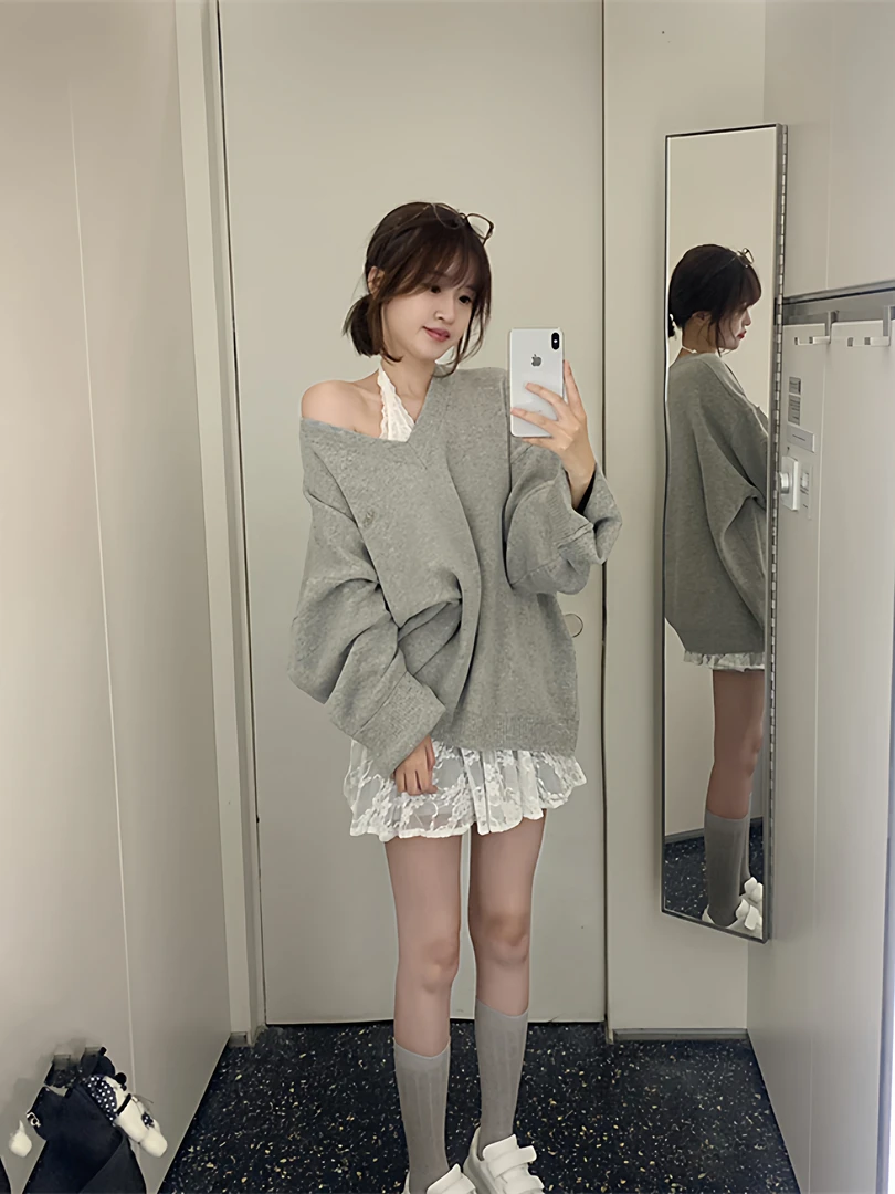 多巴胺V领宽松套头大毛衣慵懒学院风显瘦百搭针织秋冬外套上衣女