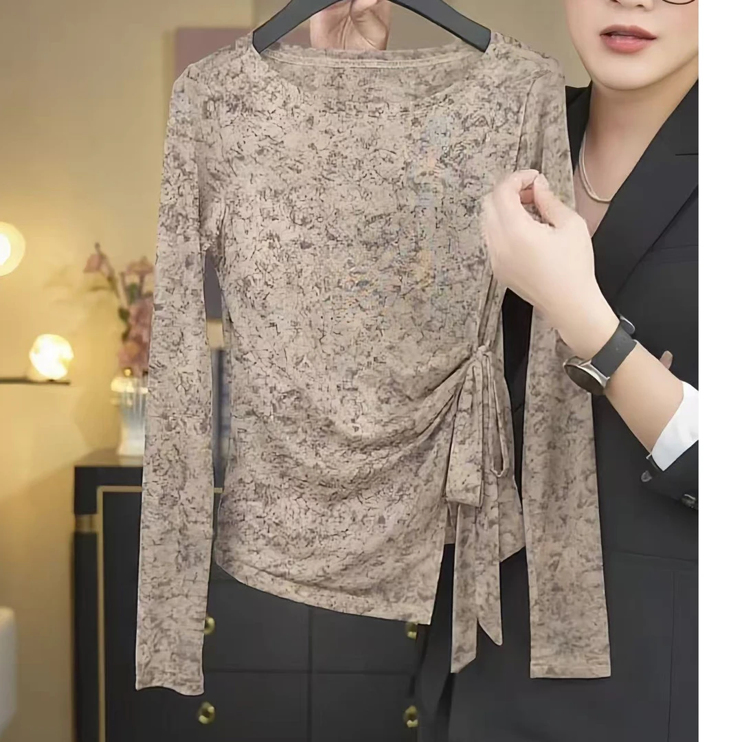 【暮秋织棕】2025秋季新款修身水墨花气质绑带长袖T恤女气质上衣潮