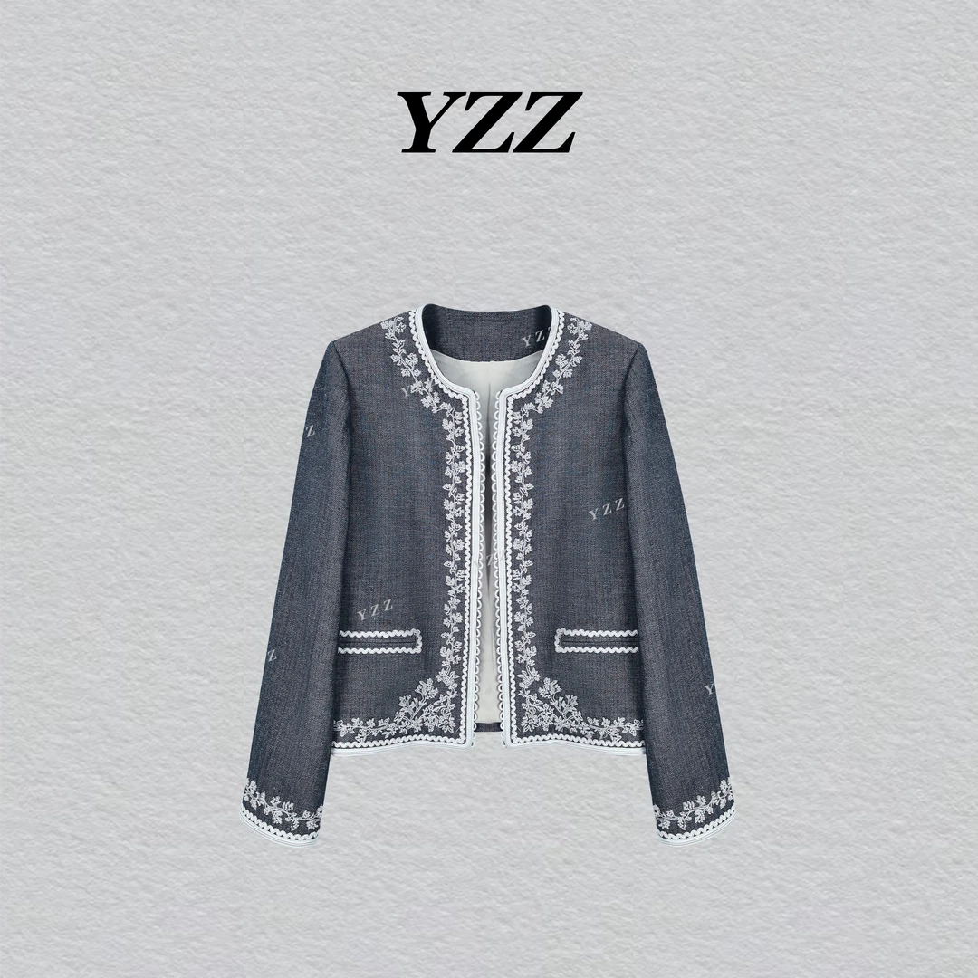 YZZ “墨兰”小香风气质开衫时尚花边拼接圆领棉麻外套 810902