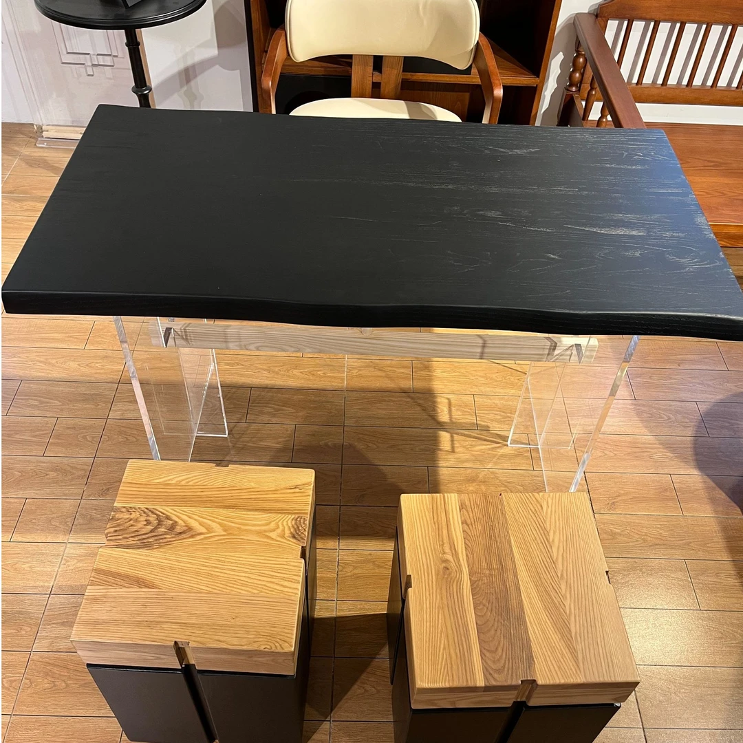 北欧亚克力悬浮餐桌创意长条办公桌原木设计家用工作台简约吃饭桌