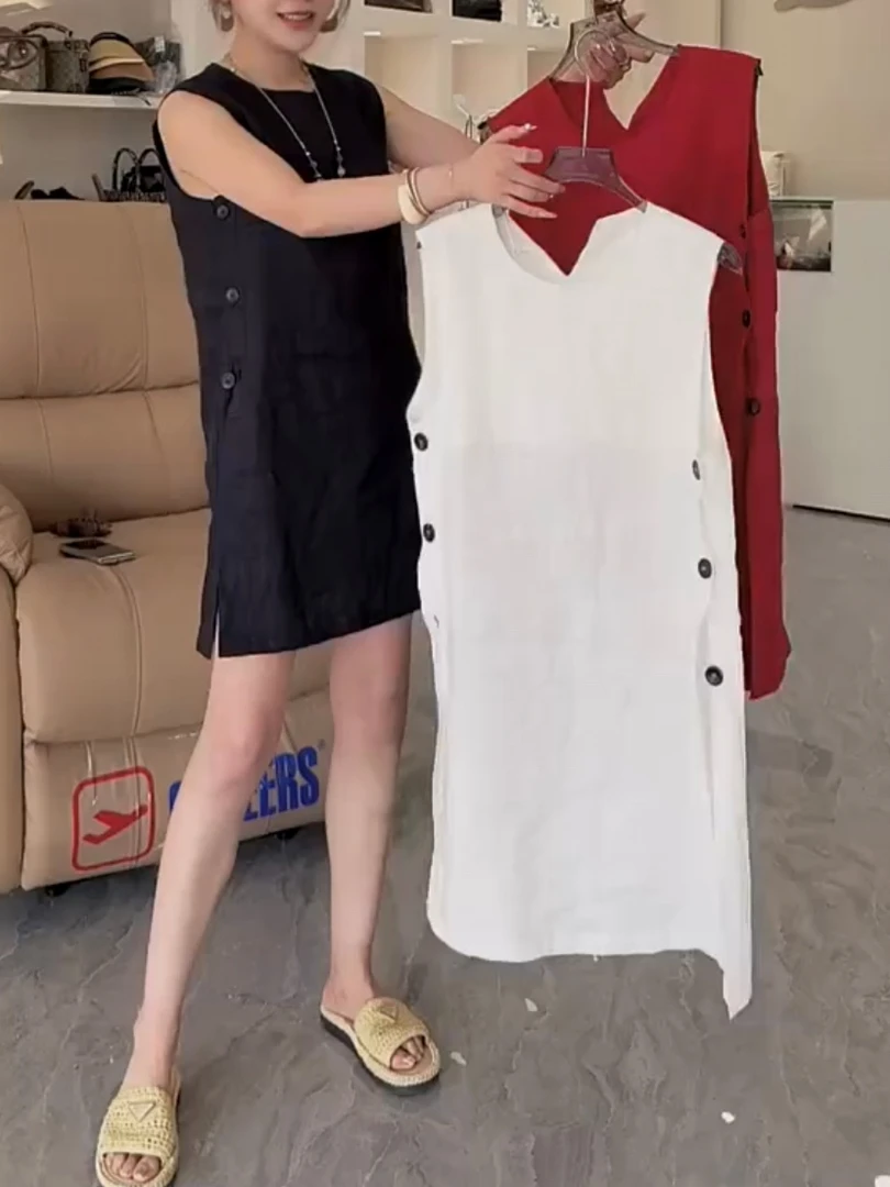 女森说夏季新款棉麻透气薄款侧扣子开叉麻裙短裤套装减龄显瘦穿搭