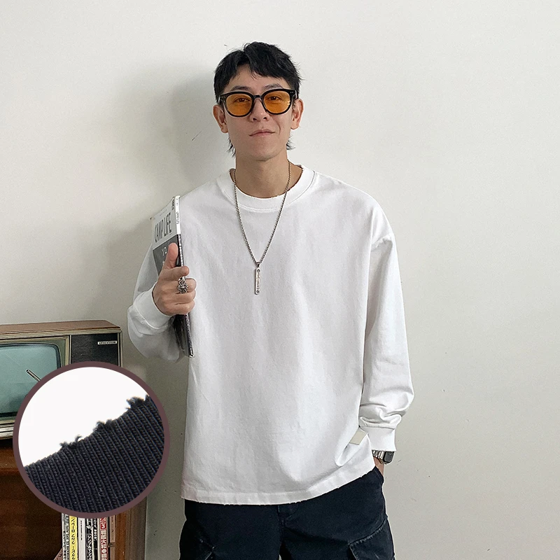 徐太浪潮牌磨破设计纯棉长袖T恤男春秋季基础款纯色内搭打底上衣