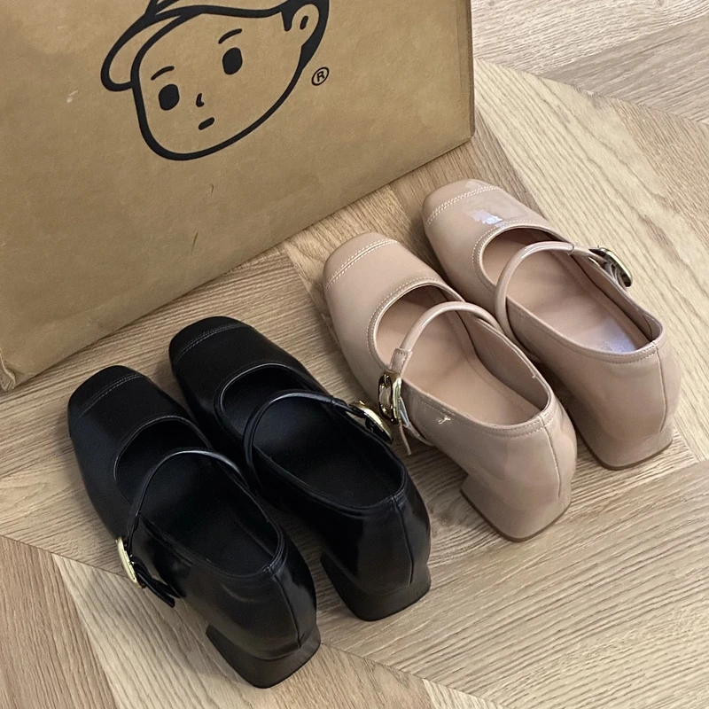 晚睡兰·内增高7cm单鞋女一字扣带气质方头小个子玛丽珍芭蕾高跟