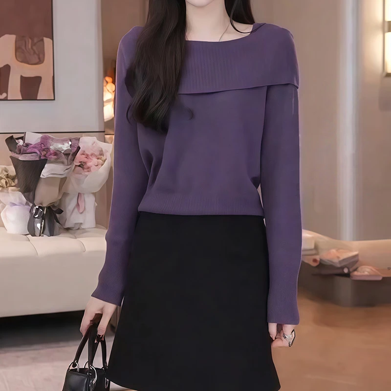 慵懒高级感紫色毛衣秋冬女2025新款可外穿内搭打底一字肩针织上衣