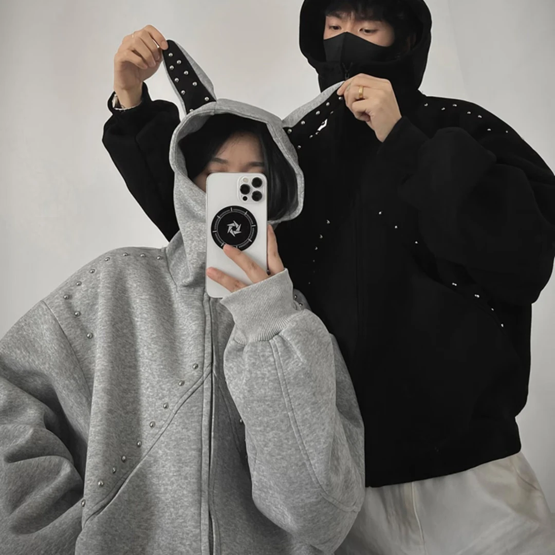 新款500g重磅铆钉拼接杜宾犬连帽卫衣百搭情侣外套潮流休闲春秋男