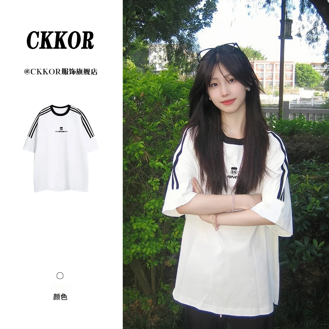 CKKOR印花T恤女小众街头风圆领半袖学院风宽松型夏季百搭复古ins