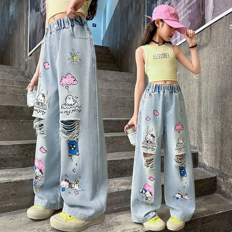 女童牛仔裤秋裤新款2025新款儿童洋气时髦裤子女孩秋装破洞阔腿裤