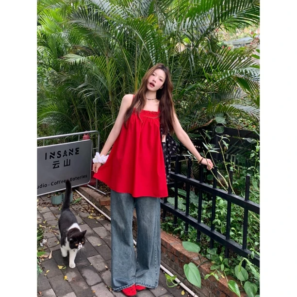 韩系氛围感红色吊带背心短裙女气质度假风叠穿上衣