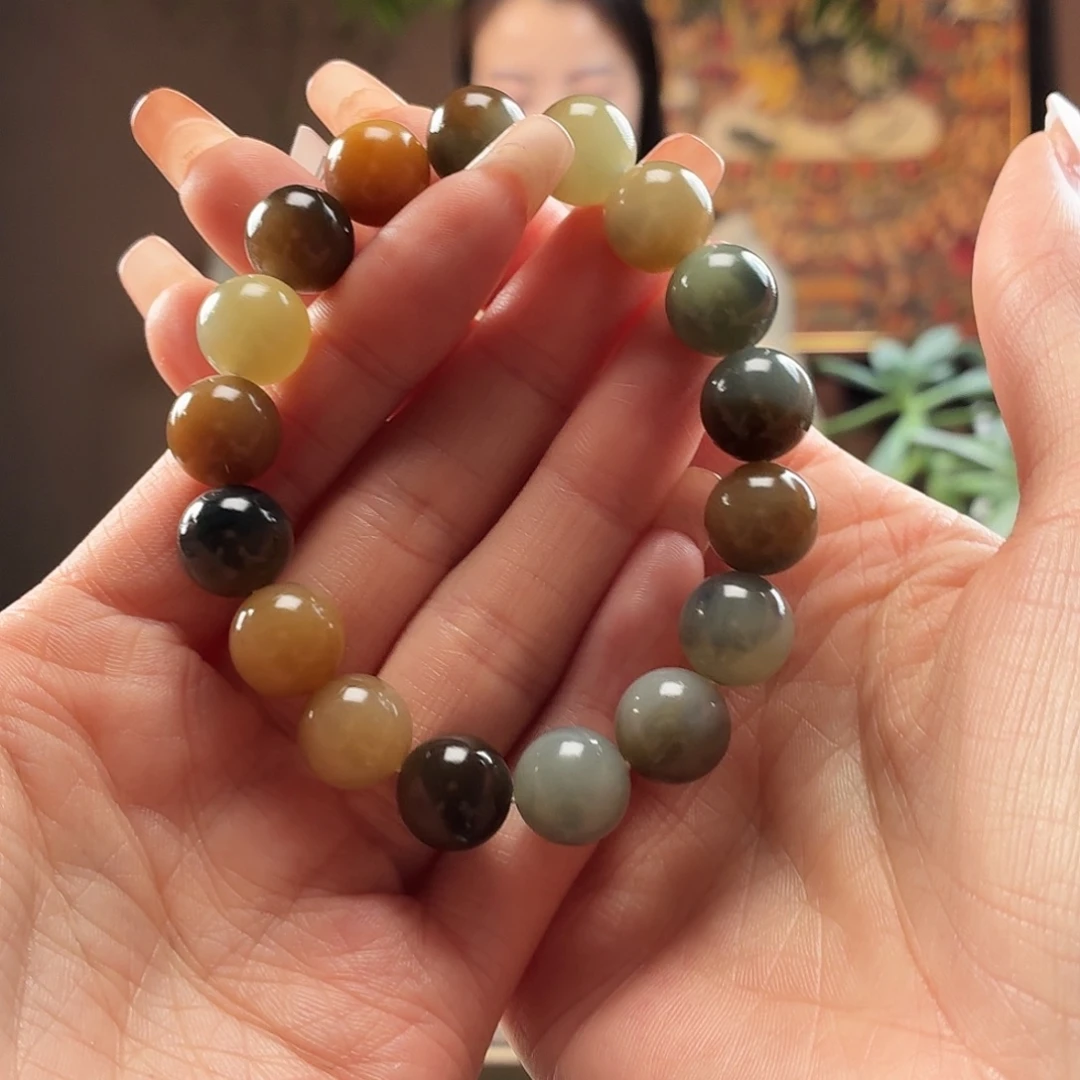 和田玉未镶嵌手串楼兰三色卡12圆珠