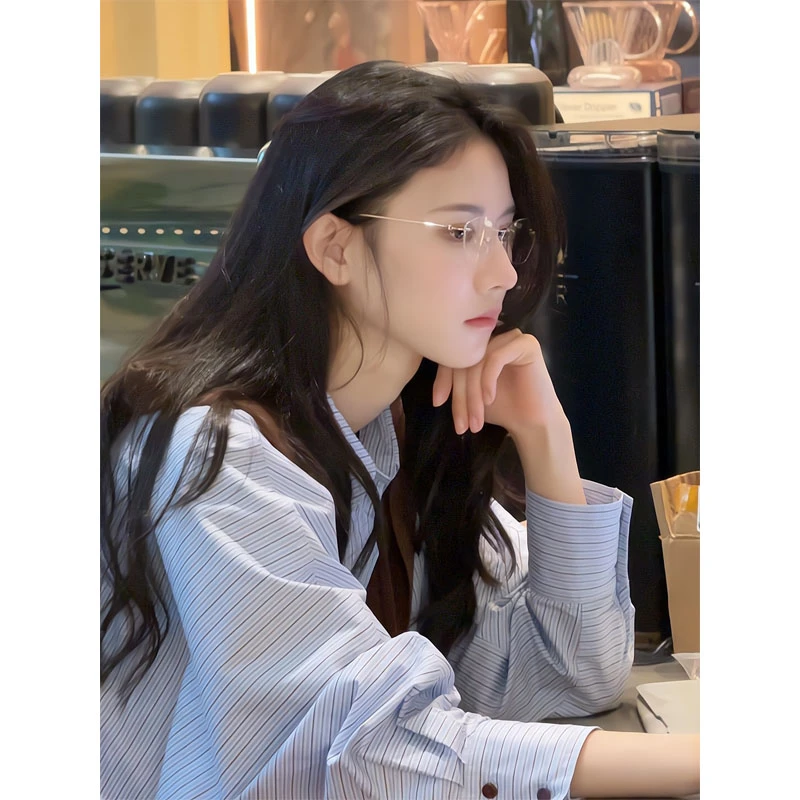 韩系条纹衬衫披肩外套叠穿衬衣长袖气质上衣西装裤高腰垂感阔腿裤