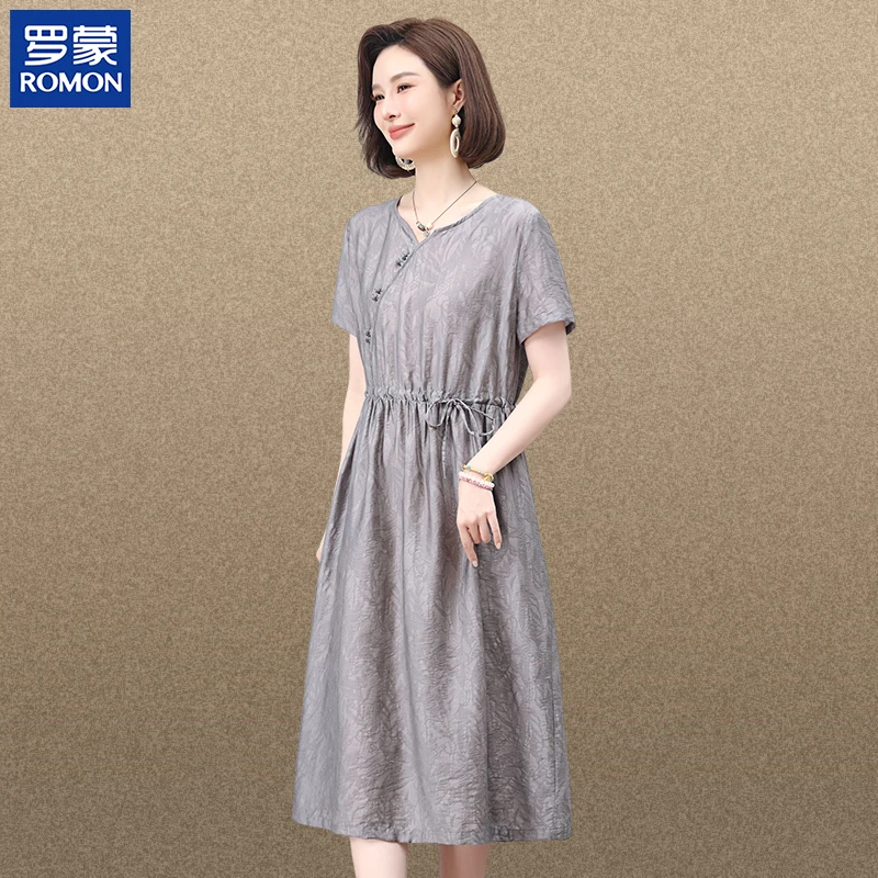 罗蒙年轻妈妈装夏装天丝连衣裙2025新款圆领过膝裙中老年女装裙子