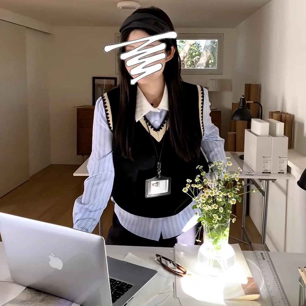 学院风衬衫拼接马甲假两件春季新款显瘦减龄穿搭
