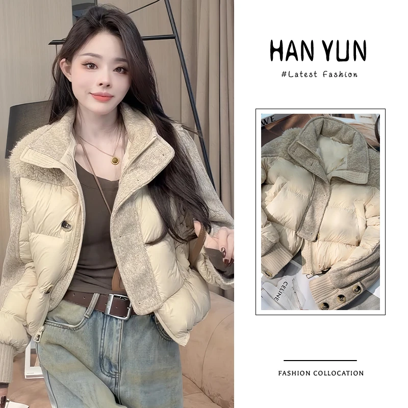 时尚休闲简约棉服女2025冬季新款小个子立领拼接加厚保暖外套