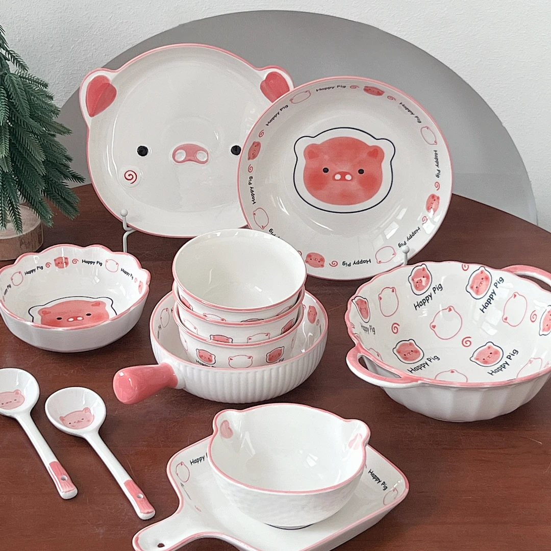 可爱小猪带把手柄盘子焗饭烤盘家用餐盘水果甜品碗汤碗餐具麦片碗