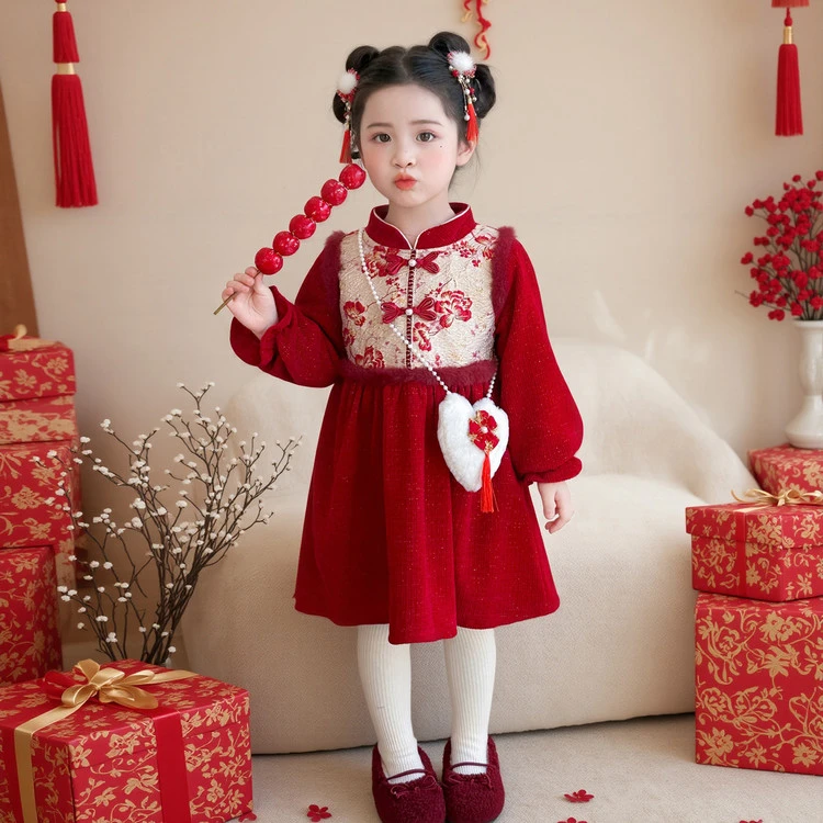 女童连衣裙2025新款冬季女孩中国风保暖拜年服女宝宝小童喜庆冬装