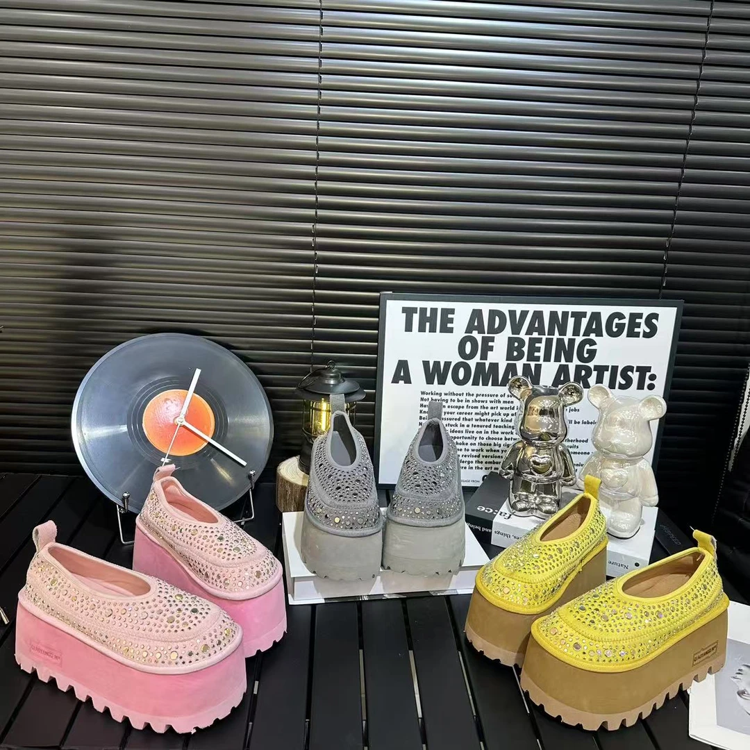 广州欧货【彩虹糖】七彩水钻8厘米小个子一脚蹬浅口磨砂皮松糕鞋