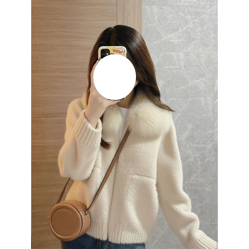 秋冬新款时尚毛领羊羔毛外套大码胖MM保暖小个子百搭小众开衫上衣