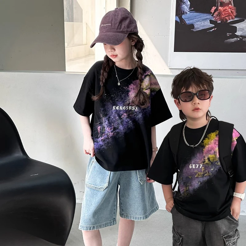 纯棉儿童网红夏季宽松潮流印花个性帅气休闲时尚男宝女宝半袖上衣