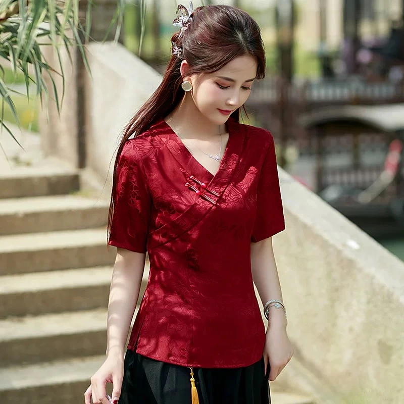 165号 1801夏季新款仿花萝修身气质复古改良国风红色小上衣