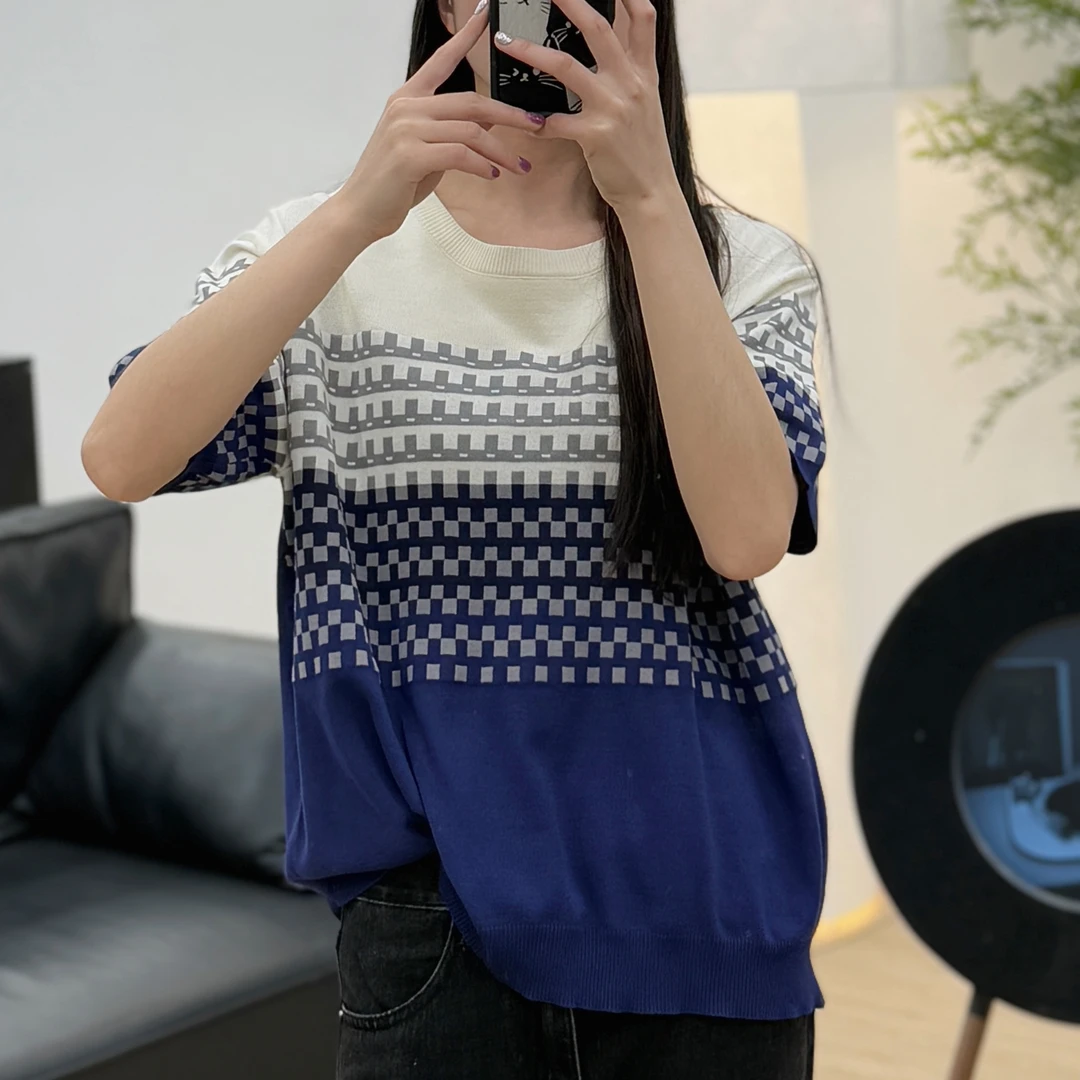 JUANJUAN自制上白下蓝棋盘格短袖 蓝
