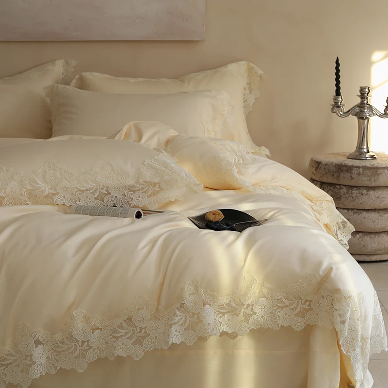 2025新款法式田园轻奢蕾丝荷叶边被套贡缎全棉四件套纯棉床上用品