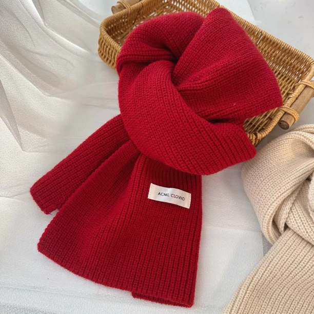 韩系纯色围巾针织毛线保暖围脖2024新款女冬季加厚学生情侣男女红