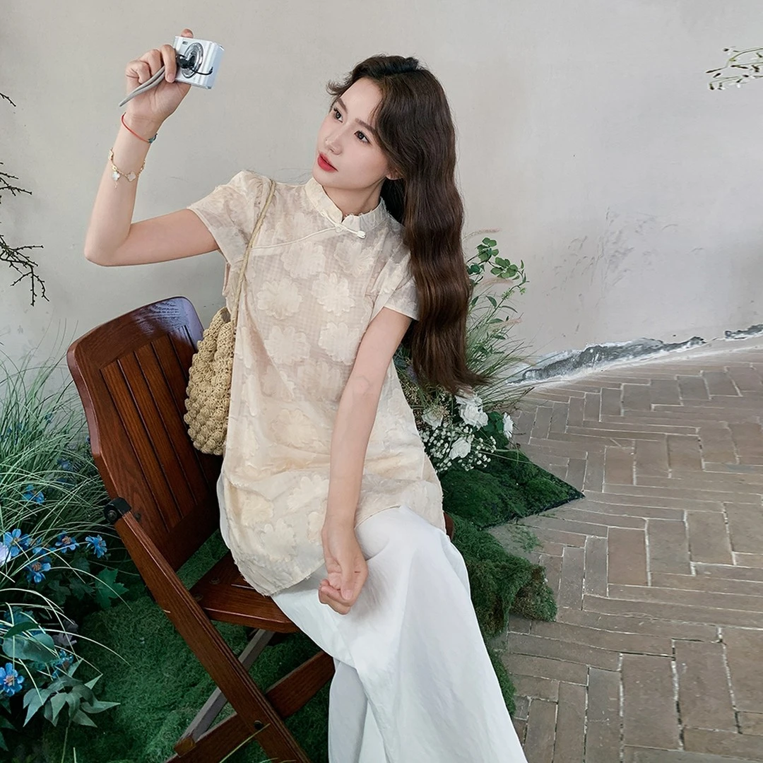 新中式国风提花套装女禅意清冷感旗袍式上衣气质高腰阔脱裤两件套