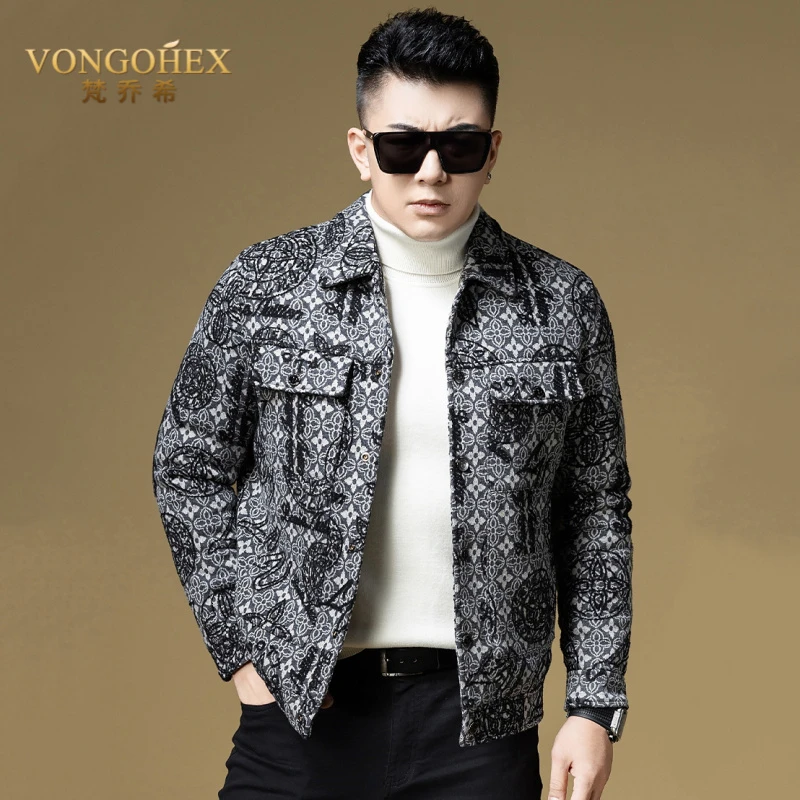 VONGOHEX羊毛针织羽绒服男士冬季加厚休闲时尚提花翻领羽绒外套