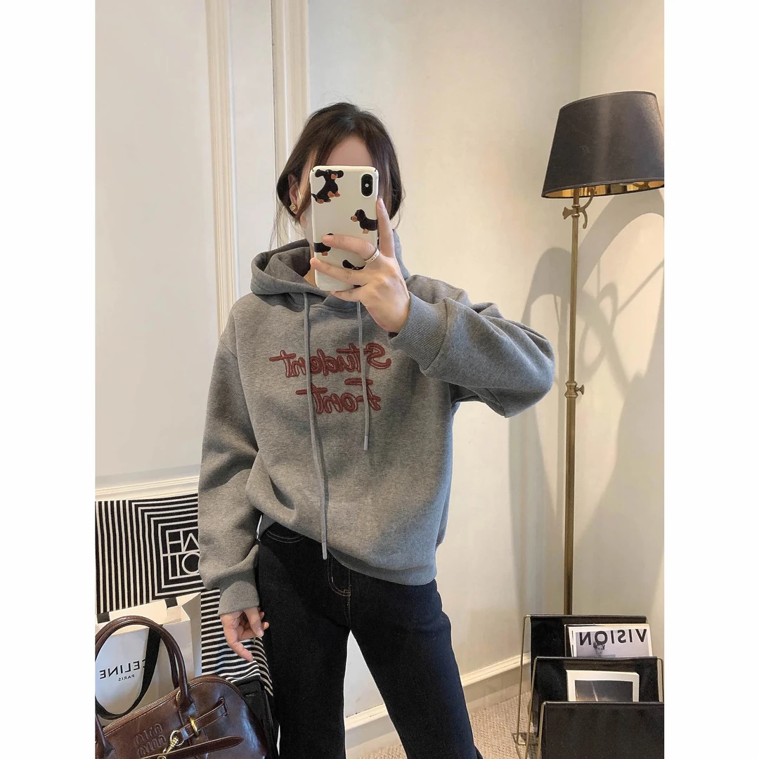 加绒卫衣女秋冬款2025新款爆款女装时尚抽绳连帽字母刺绣复古上衣