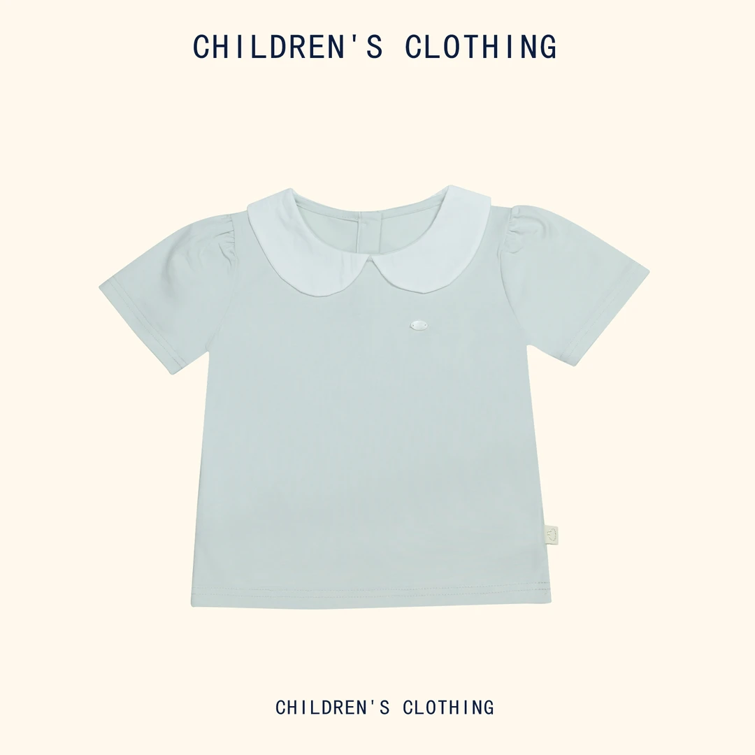 夏款女童纯色圆翻领撞色小标泡泡袖短袖T恤2009