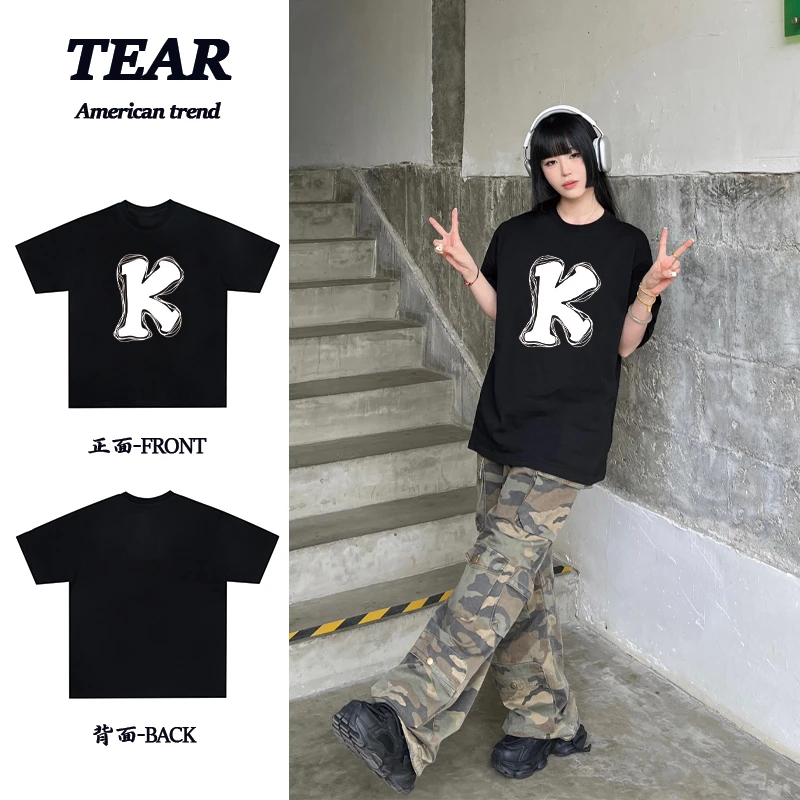 美式重磅纯棉K字母印花短袖T恤ootd男女同款宽松百搭情侣装上衣