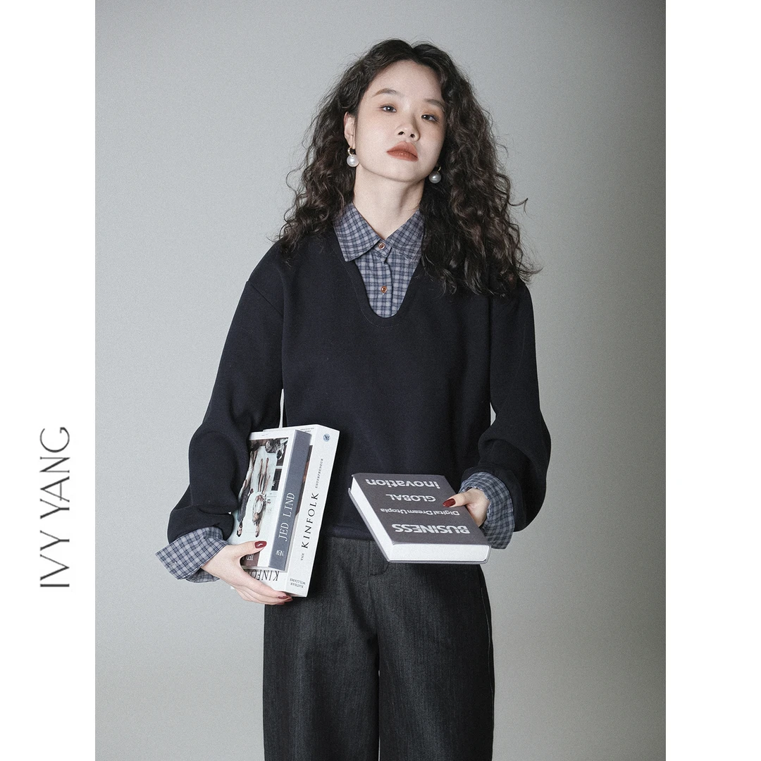 IVY YANGV领格子拼接假两件加绒卫衣