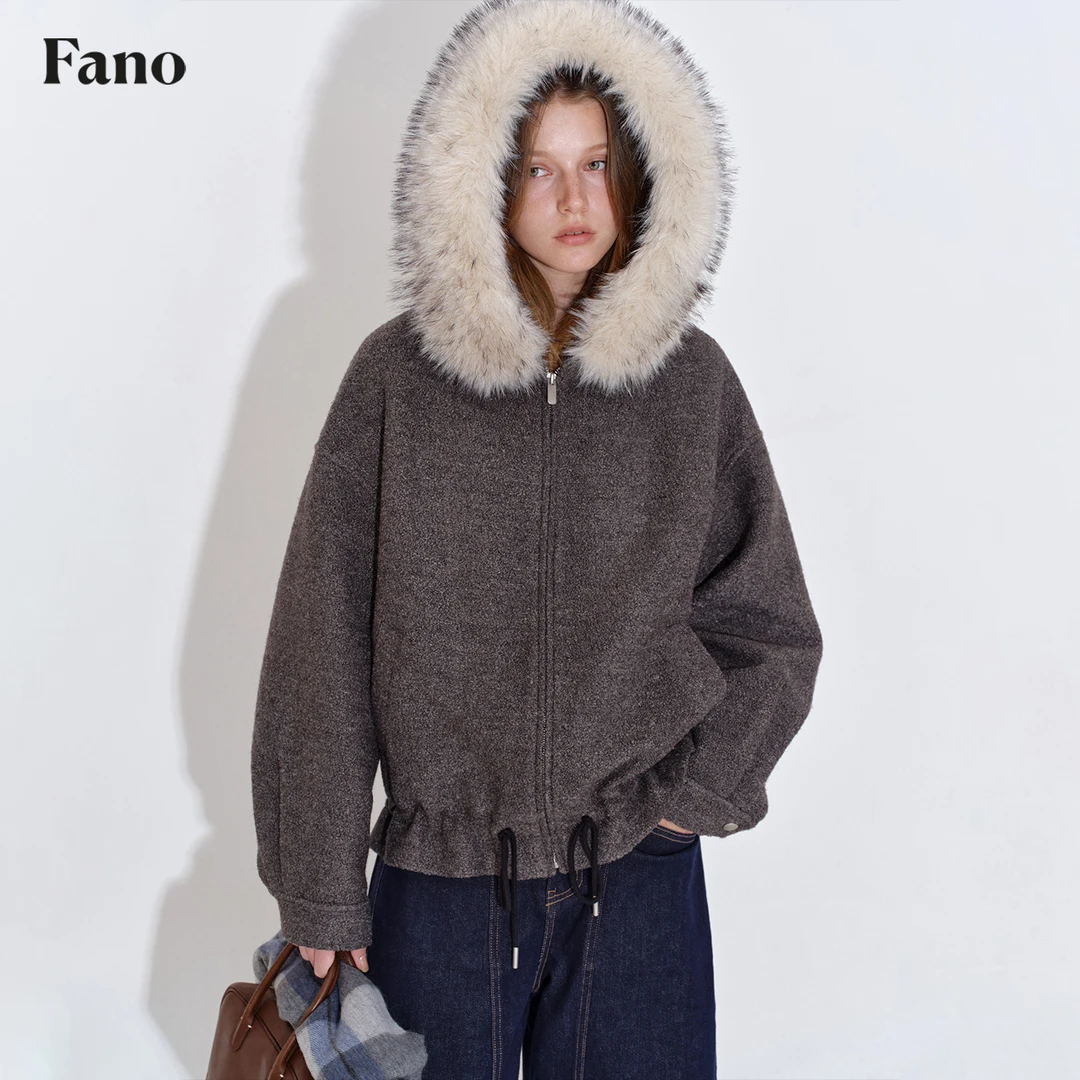 10.8上新 轻奢毛领 羊毛混纺连帽宽松绗棉里毛呢外套FD25W002