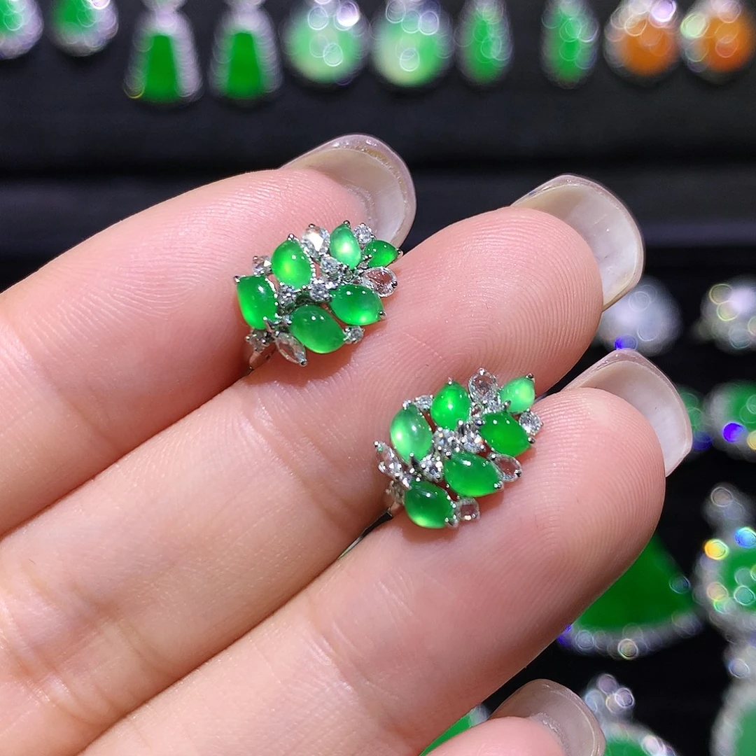 翡翠18K金镶嵌耳饰高冰满绿