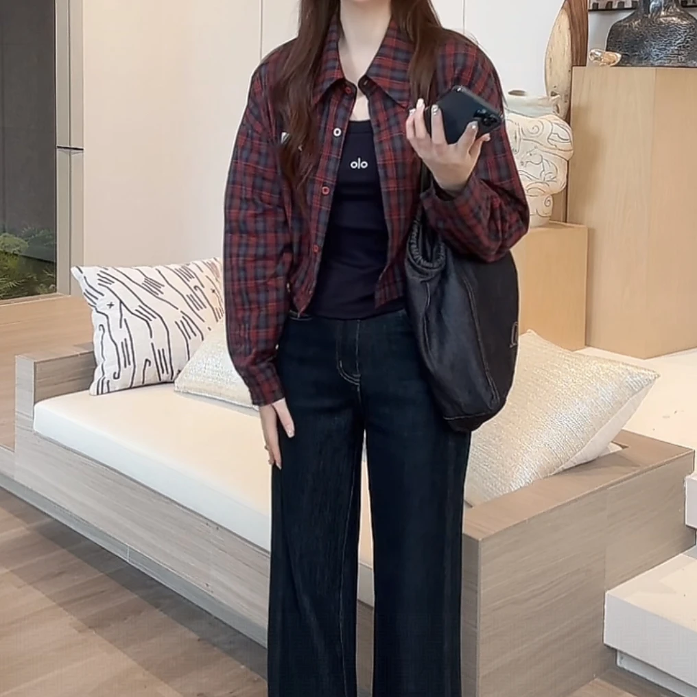 2025秋季气质复古小个子宽松知性文艺经典款格子衬衫