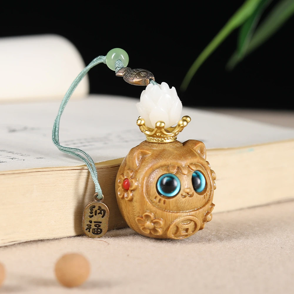 木雕刻镂空可爱咪多多香囊丸盒车挂件吊坠招财纳福手机链饰品