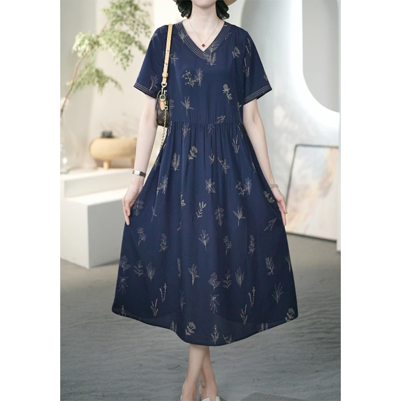 法式V领碎花连衣裙女夏季大码女装时尚洋气减龄度假风长裙-A31938