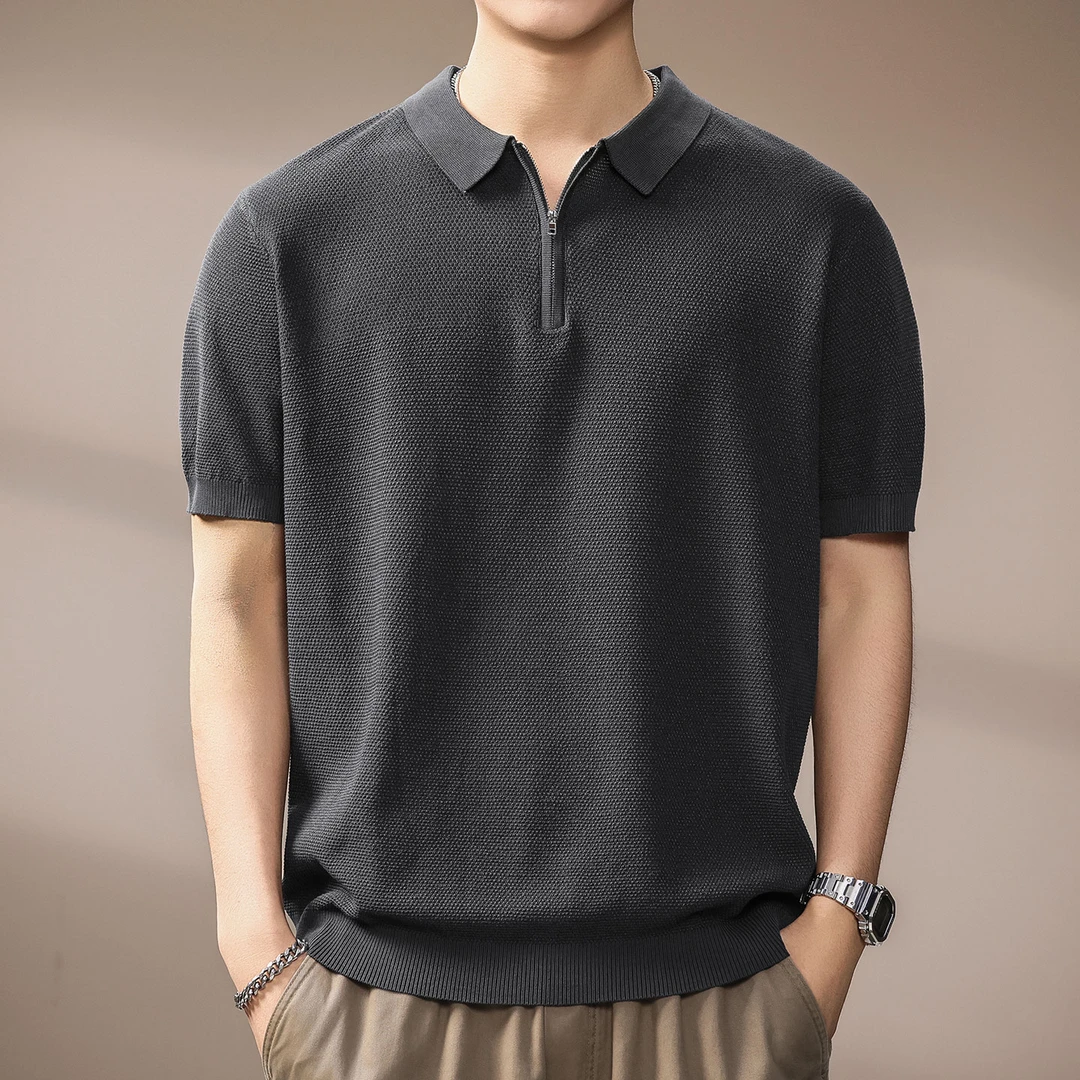 高端凤梨纹半拉炼针织Polo衫男士2025夏季新款商务休闲短袖T恤衫