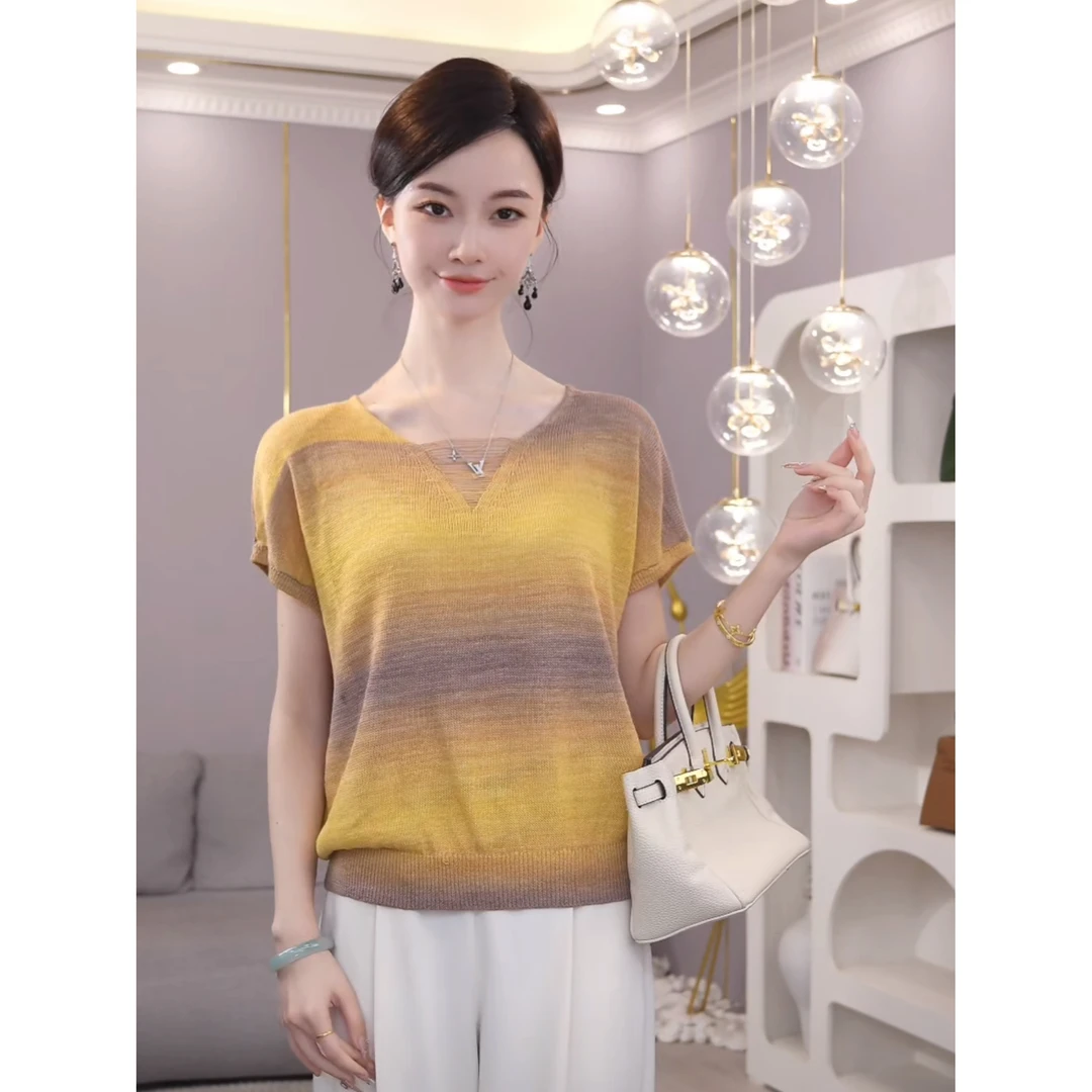 2025夏新款【7522】高级感镂空设计渐变休闲时尚冰丝短袖上衣女