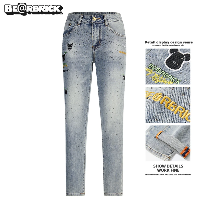 Be@rbrick积木熊【明星同款】烫钻牛仔裤男士夏季刺绣欧货修身潮流