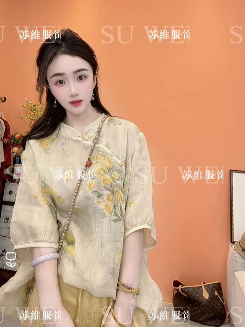 20251苎麻刺绣夏季七分袖衬衫复古斜襟少女新中式女装提花