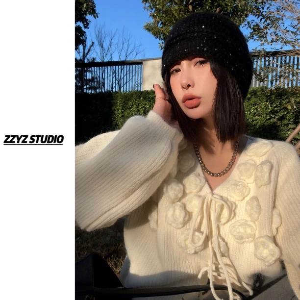 【ZZYZ】“爱丁堡赴约” 法式复古重工花朵针织开衫灯笼袖毛衣外套