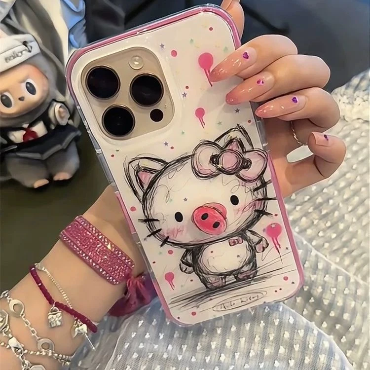 卡通可爱潦草KT猫旋转猪鼻子适用苹果16promax新款iPhone15手机壳